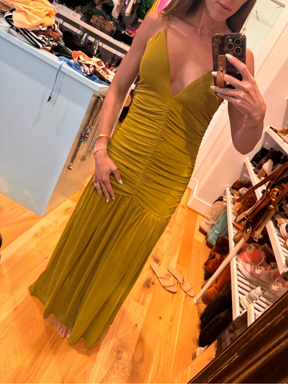 SHEIN Olive Green Ruched V-Neck Maxi Dress